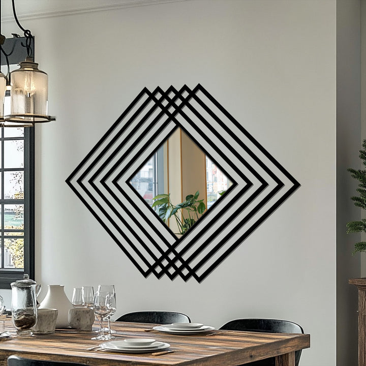 The stillness of the dining space is reflected in this modern diamond-layered mirror for wall decor, framed with geometric black metal lines, creating a bold focal point.