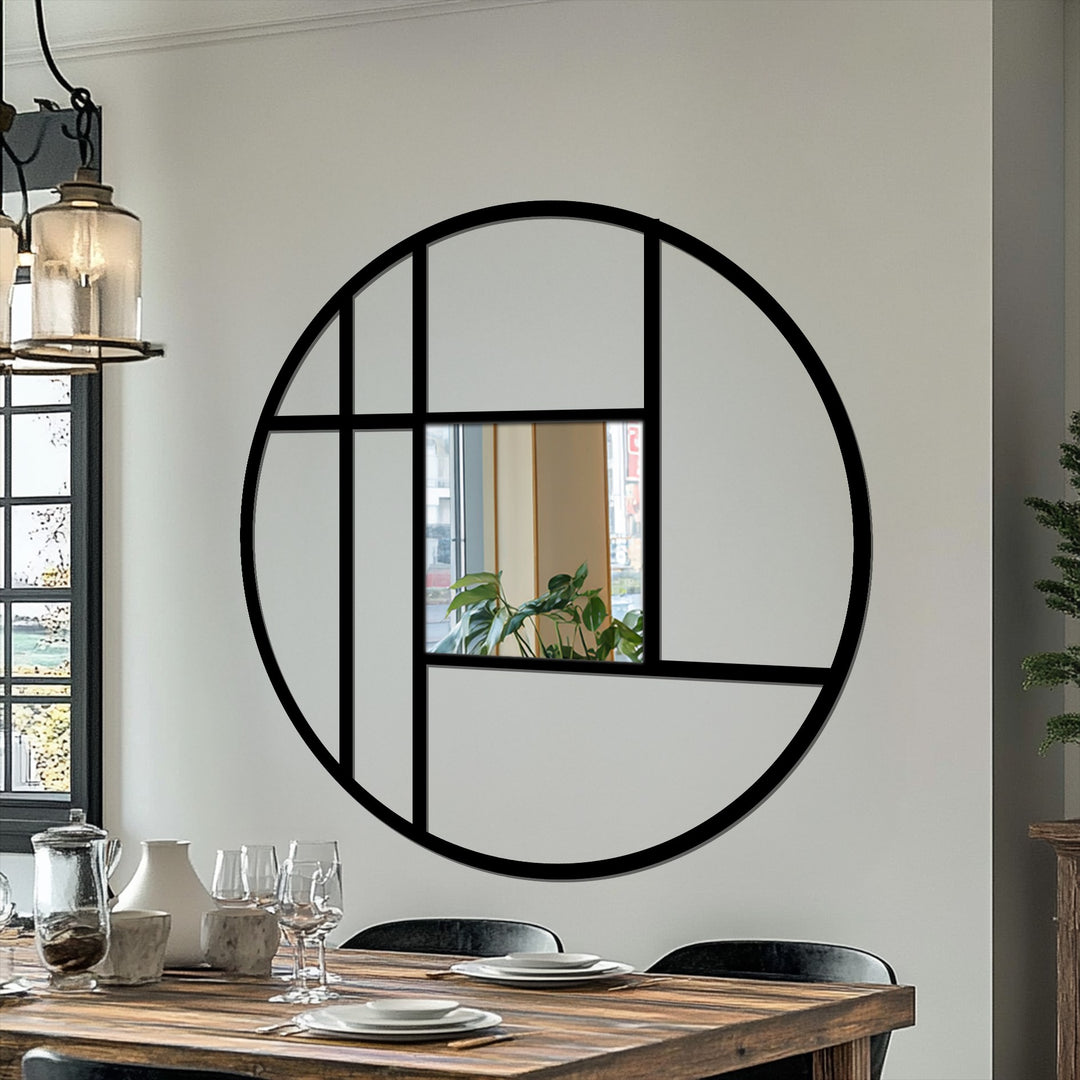 Light and shadow play across the geometric metal frame of this black floor mirror, highlighting its unique design and adding depth to this modern mirror.