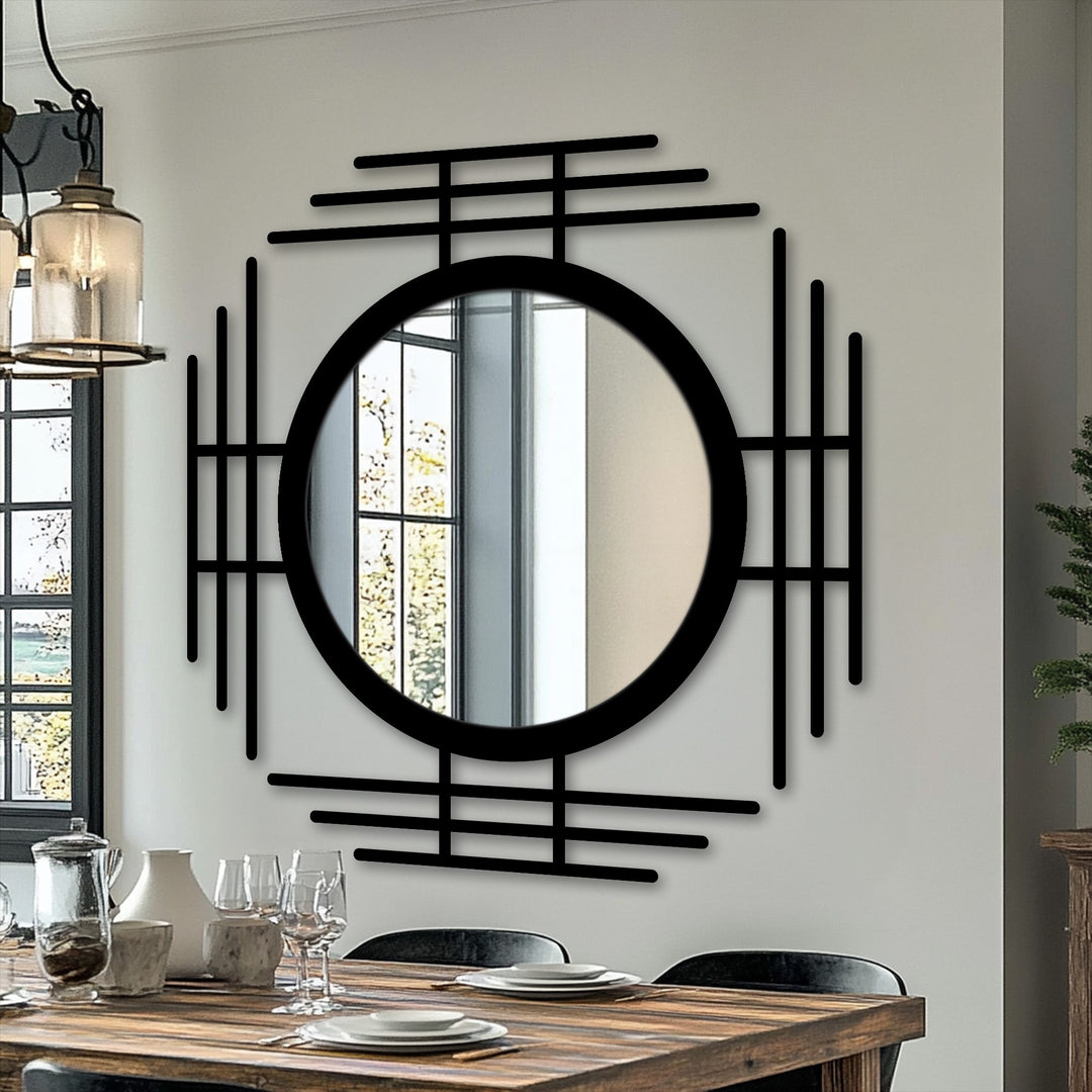 With muted color saturation, the geometric line circle floor mirror's bold black metal design adds an interesting touch to the room with stylish metal wall decor.