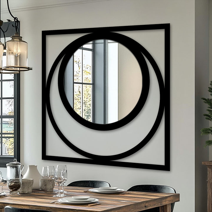 Reflecting the most light, the circular stained glass wall mirror adds modern flair to the bold black Eclipse square metal wall decor.
