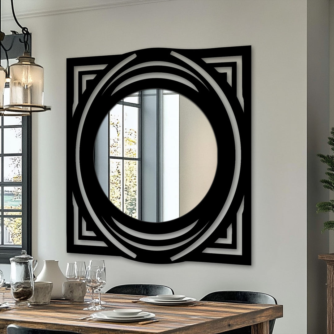 Square Orbit Crest floor mirror, a geometric metal wall decor piece, presents a modern, vertically-oriented design with layered circular accents within its black frame.