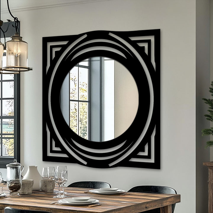 Square Orbit Crest floor mirror, a geometric metal wall decor piece, presents a modern, vertically-oriented design with layered circular accents within its black frame.