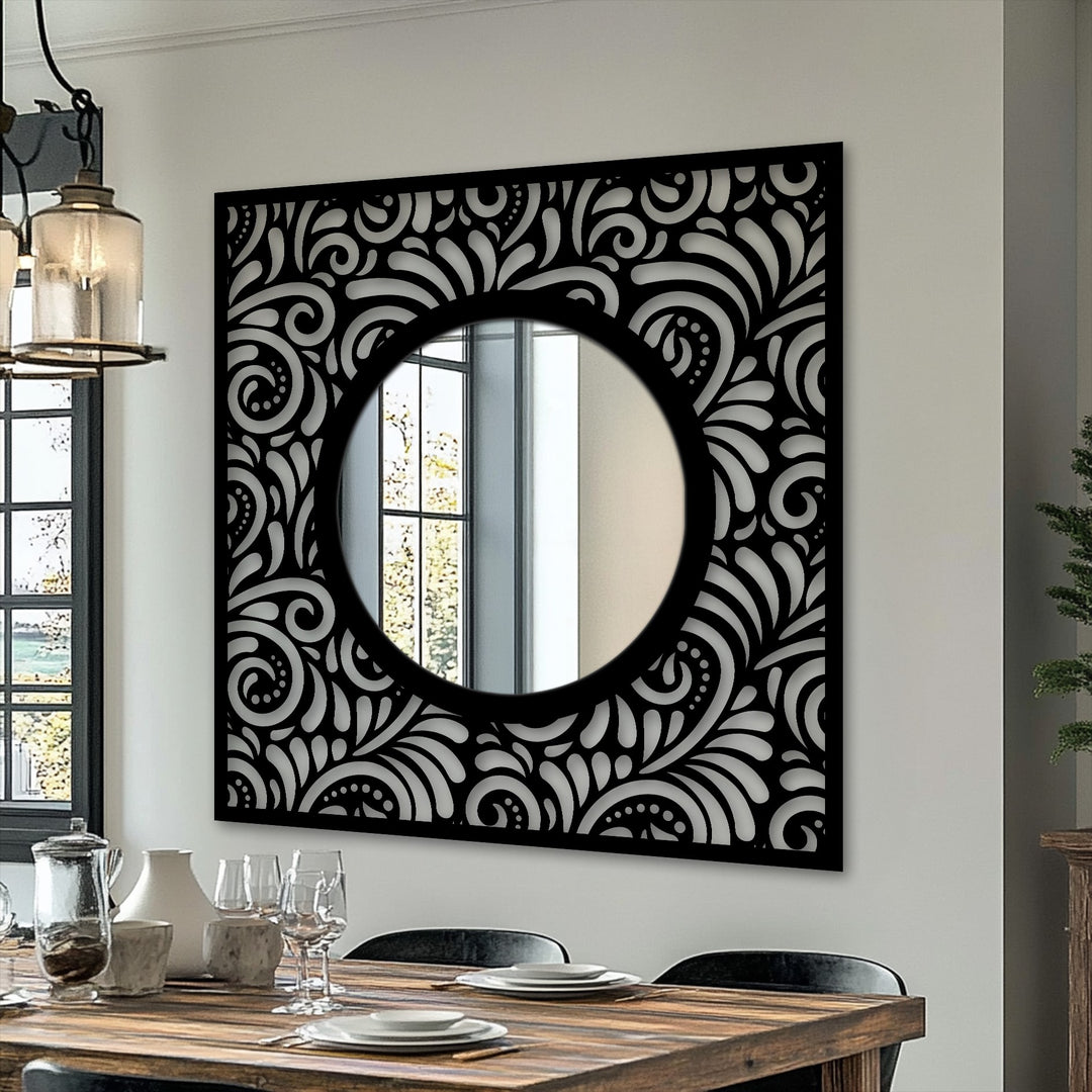 Featuring an ornate border with a patterned black finish, this eclipse floor mirror exemplifies distinctive decoration wall art.