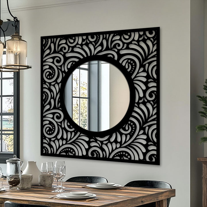 Featuring an ornate border with a patterned black finish, this eclipse floor mirror exemplifies distinctive decoration wall art.