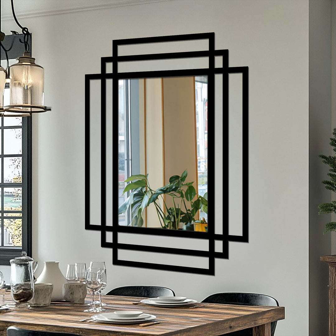 Cadres rectangulaires superposés Décoration Murale Métal Miroir–Design architectural noir moderne