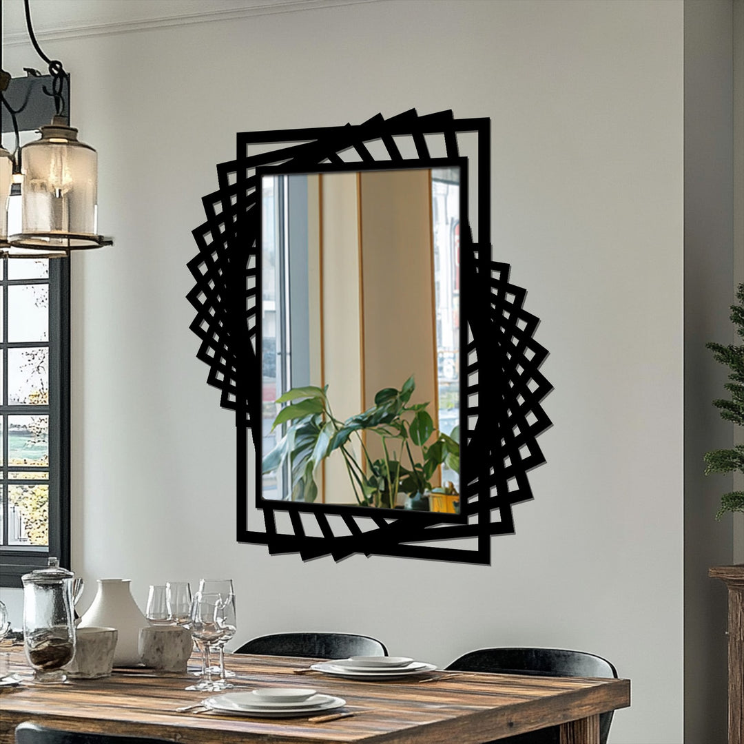 Highlighting the abstract quality, the dynamic twist frame of this modern black decorative mirror presents a layered metal wall decor design for a contemporary aesthetic.