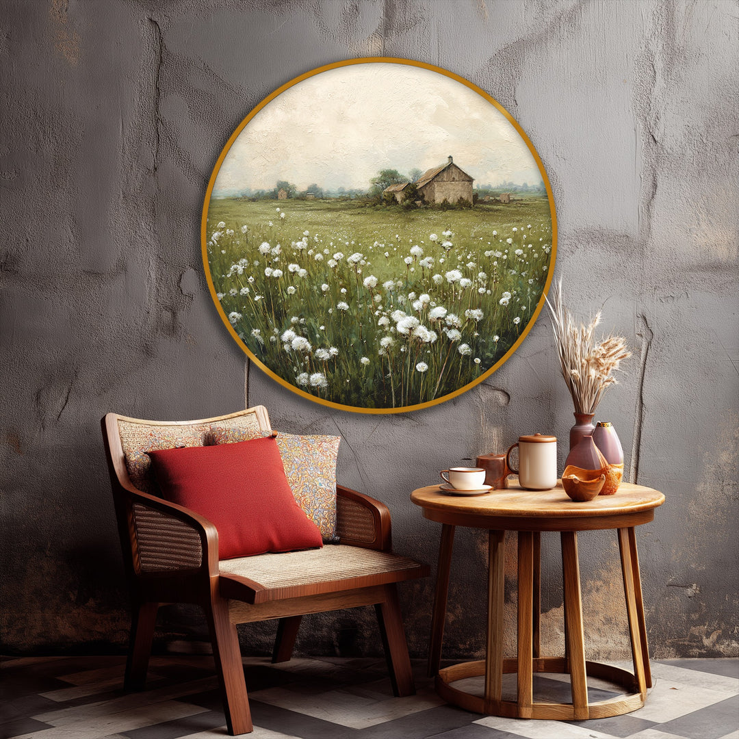 Evoking a serene and tranquil mood, this rustic barn nature landscape hanging canvas features a peaceful countryside meadow under a soft, muted sky.