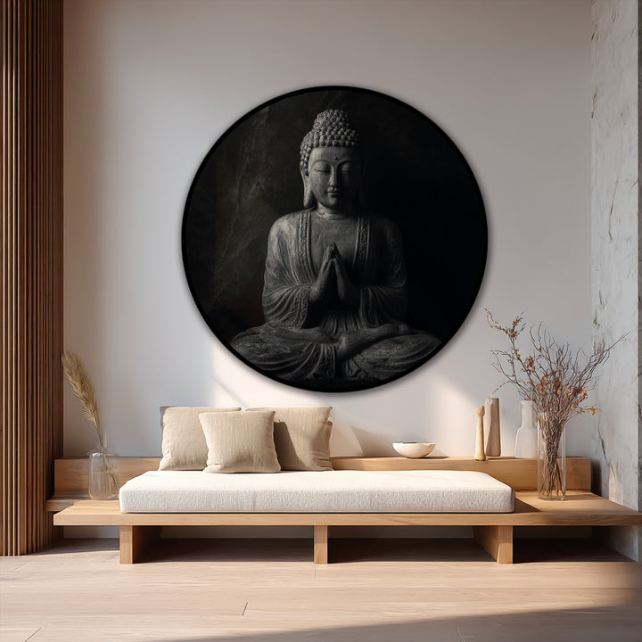 Low color saturation enhances the serene atmosphere of this round oil painting home decor, depicting a meditative Buddha in a minimalist setting.