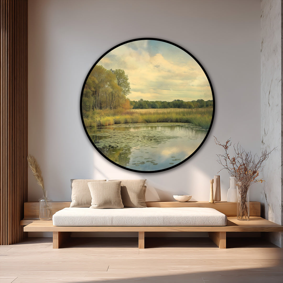 Fine details highlight the oil painting reproduction print quality of the tranquil landscape circle canvas, showcasing golden meadow reflection artwork.