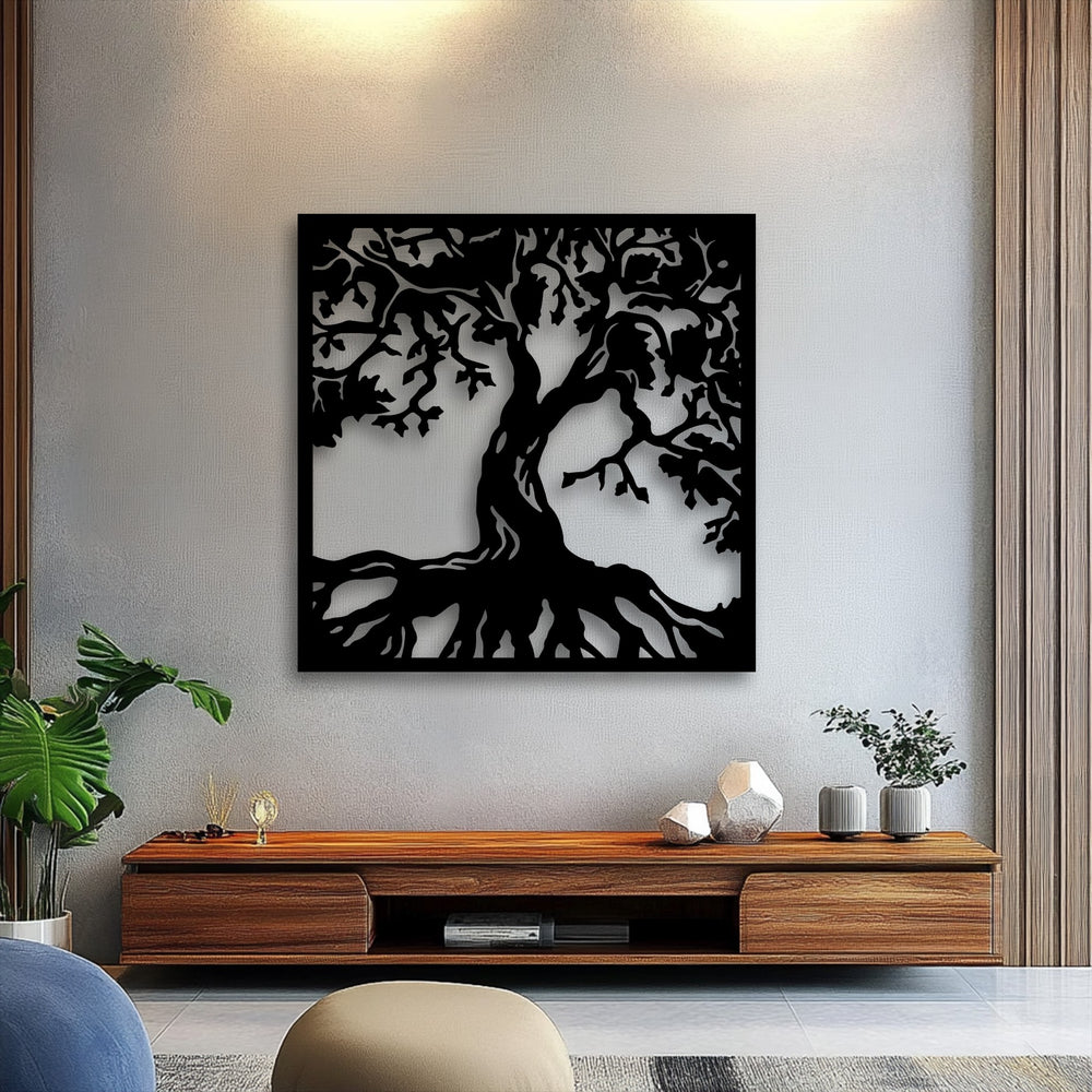 The subtle granular texture of the wall provides a striking backdrop to the smooth matte finish of the majestic Tree of Life metal artwork silhouette.