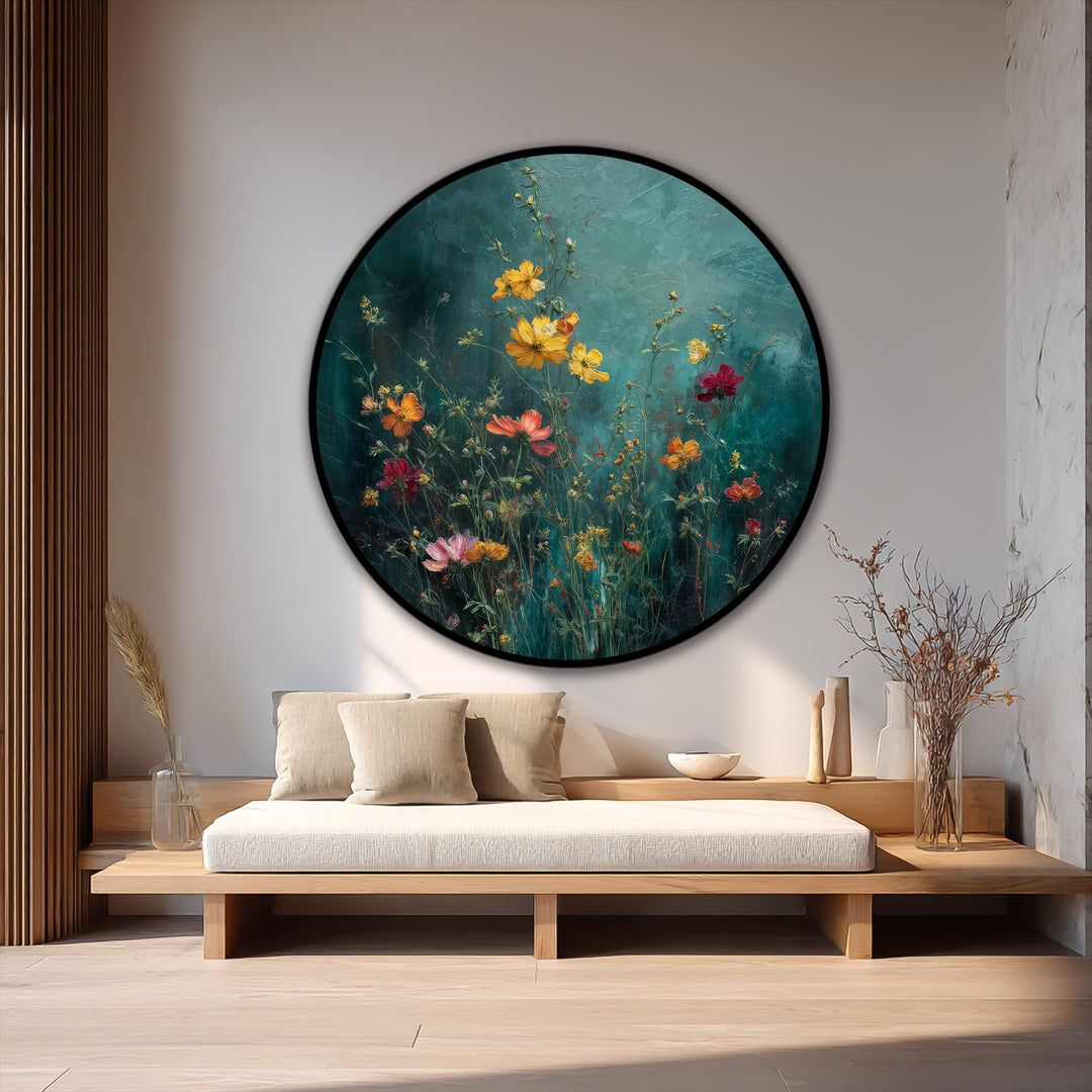 Whispering Meadow – Wildflower Garden Round Oil Painting