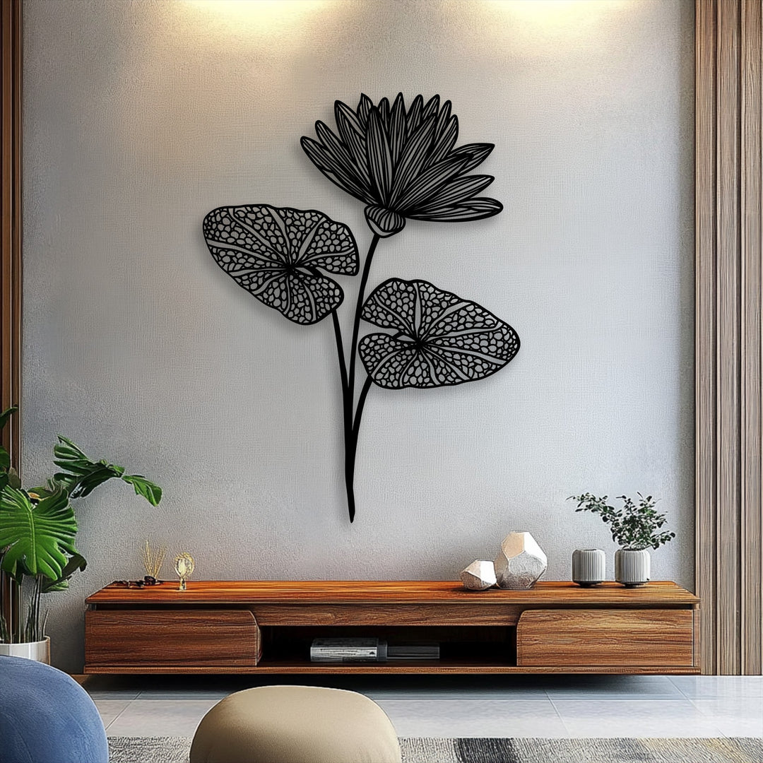 Vertically oriented, this unique metal wall art presents an elongated botanical lotus bloom with distinct patterned leaves.