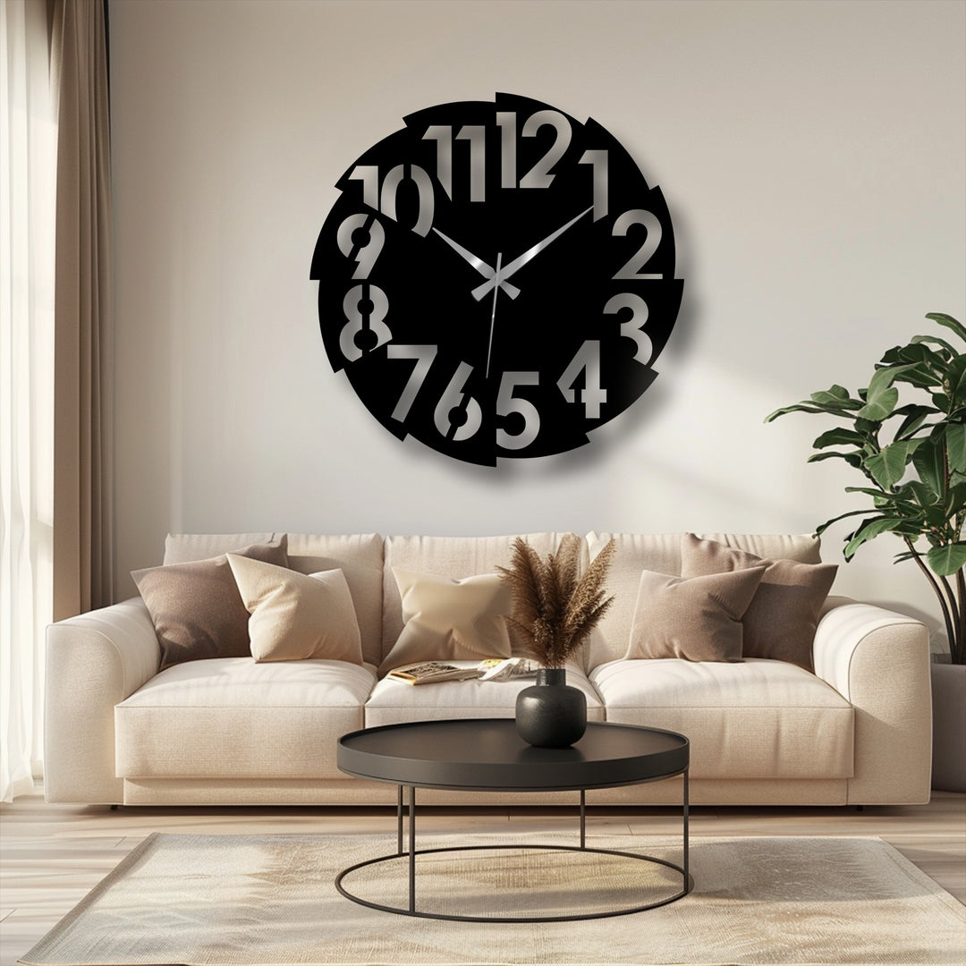 The darkest area of this striking modern split number metal wall clock showcases its distinctive design, a captivating piece of decorative metal art.