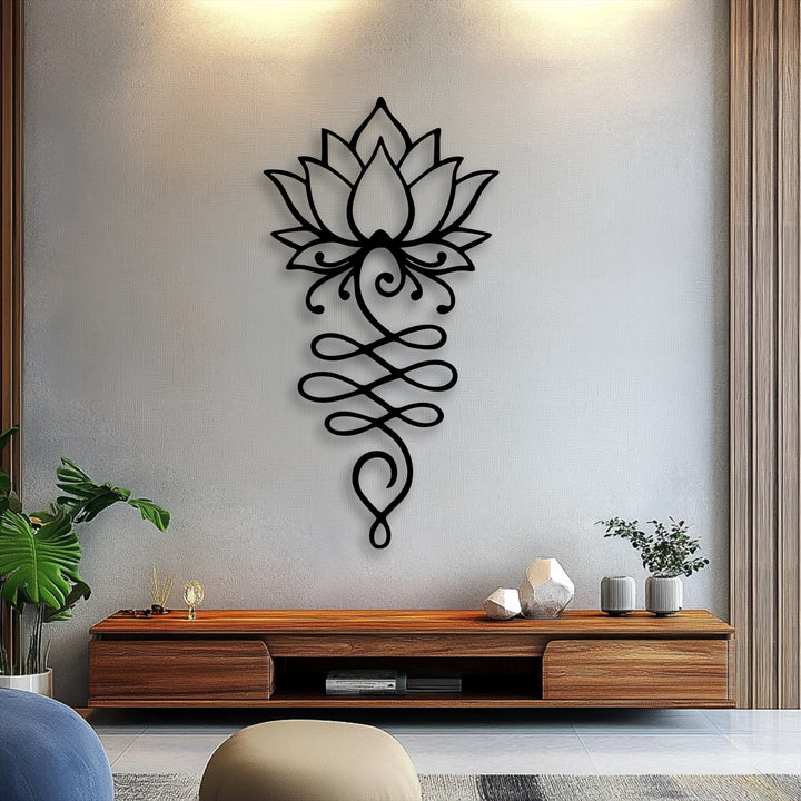 The crisp borders of the spiritual lotus flower metal artwork contrast sharply with the textured wall, nestled beside wooden paneling.