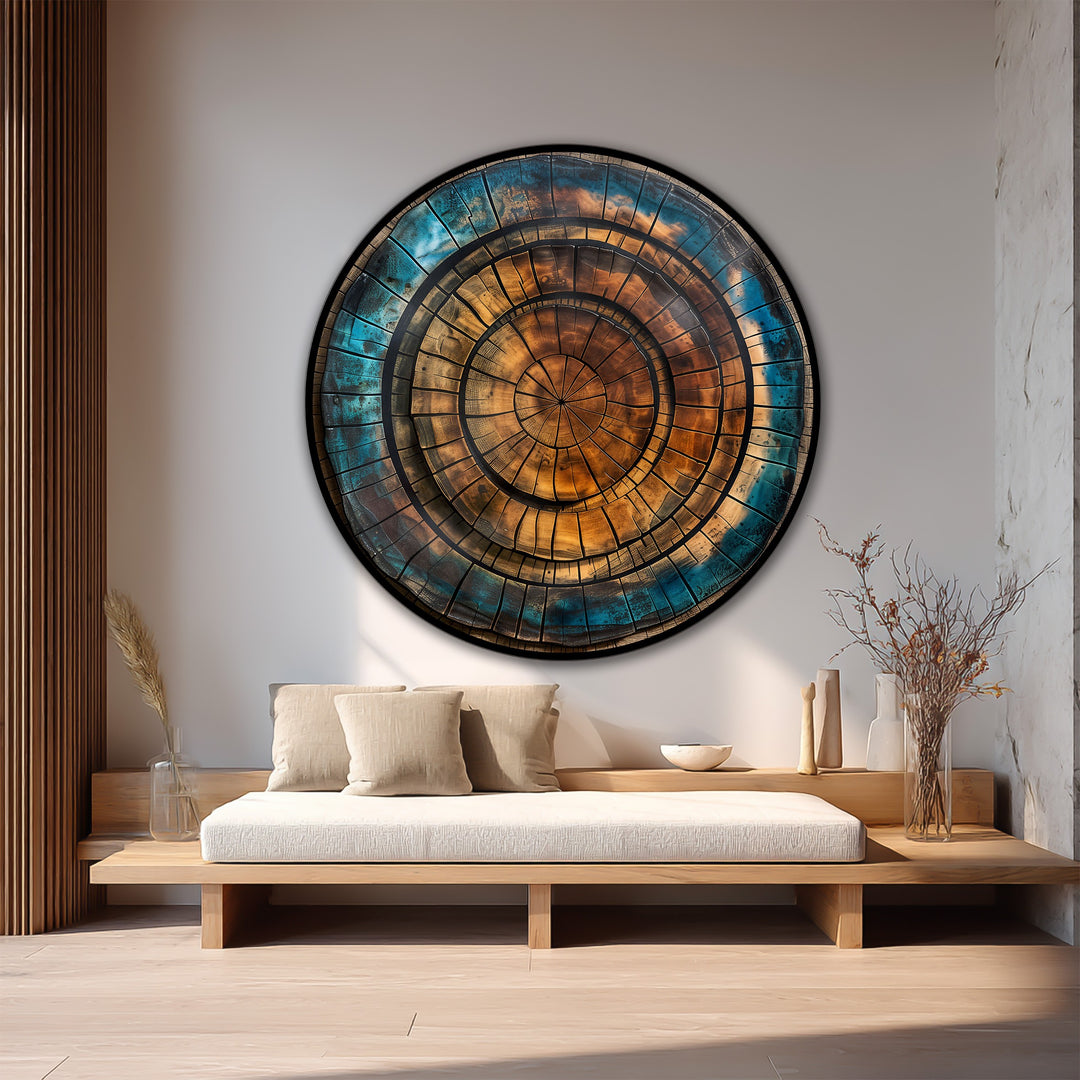 With a textured finish, this round copper spiral abstract showcases intricate oil painting art prints on wood, offering a unique visual depth.