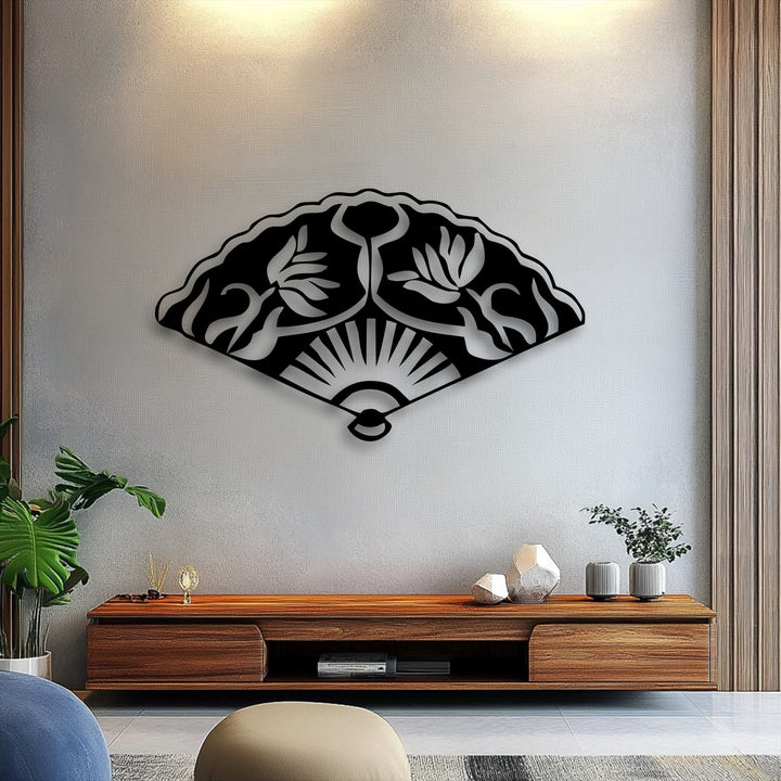 The background is a textured light gray wall with vertical wooden accent panels on the right, perfectly complementing the metal art for wall.