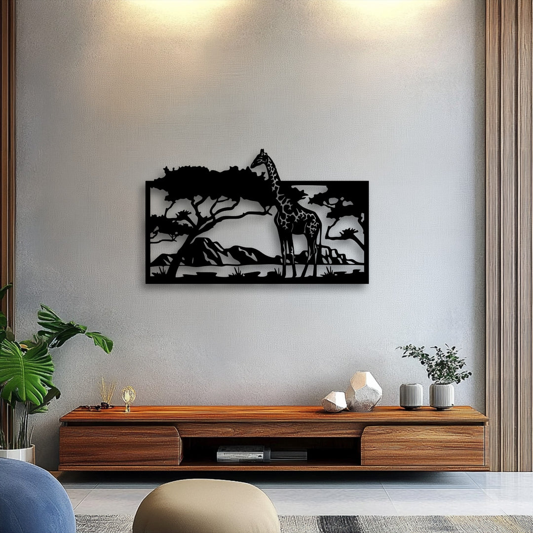 The serene mood of a savannah at dusk is captured in this elegant giraffe silhouette metal wall decor, enhancing a modern living space.