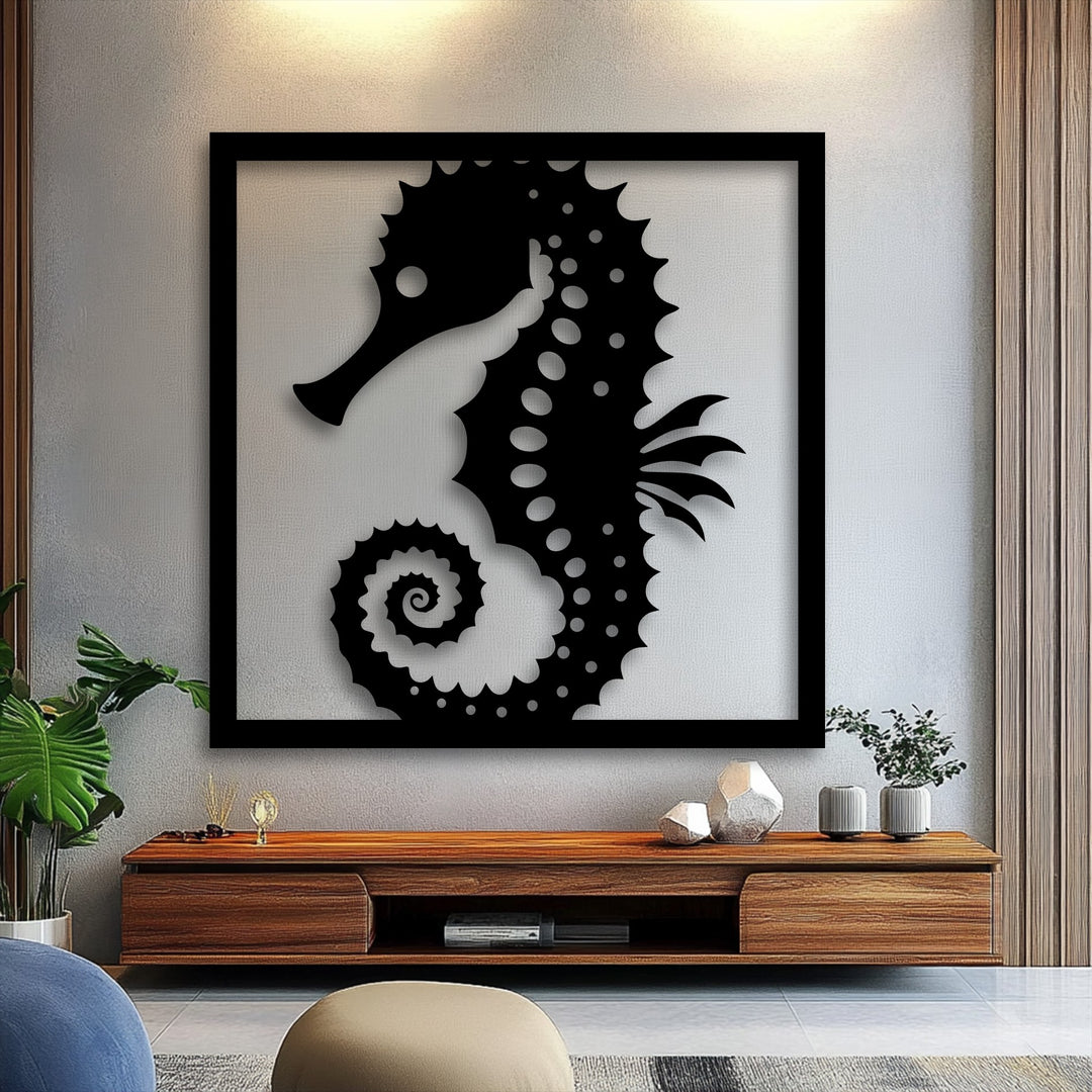 A striking, bold black seahorse silhouette, framed as unique metal wall art, dominates a textured light gray wall above a wooden console.