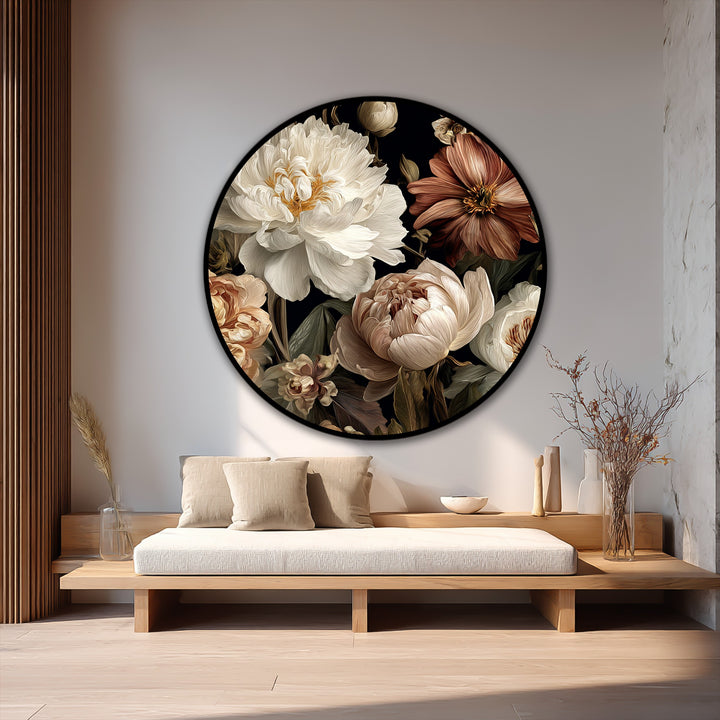Negative space surrounds the round oil painting wall art featuring creamy peonies, creating a visually balanced composition against the minimalist backdrop.