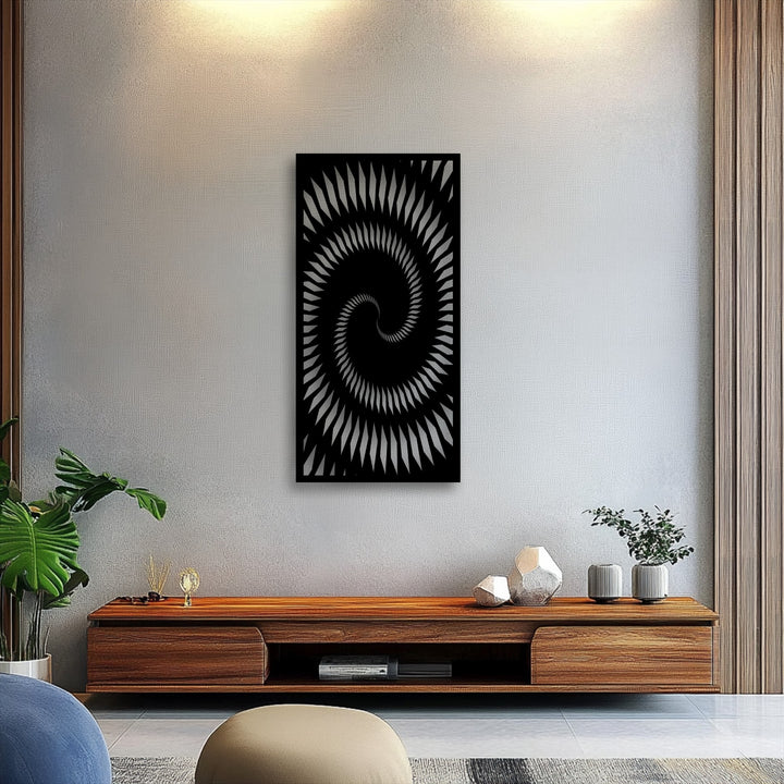 The focal point is the striking hypnotic spiral geometry unique metal wall art, creating an engaging optical illusion on a textured wall.