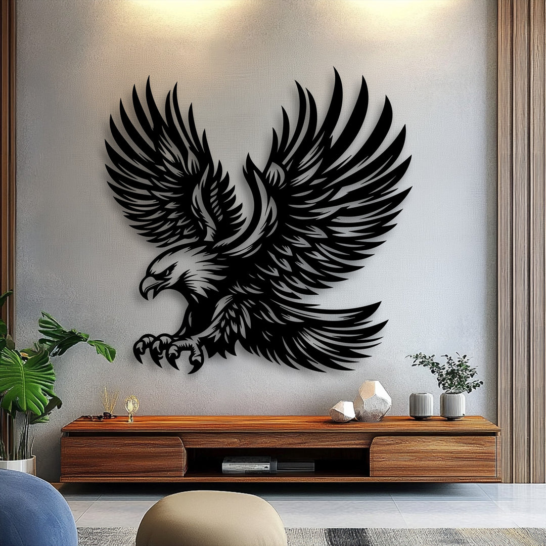 The warm color temperature highlights the majestic eagle metal artwork, presenting its soaring power on a textured wall above a wooden console.