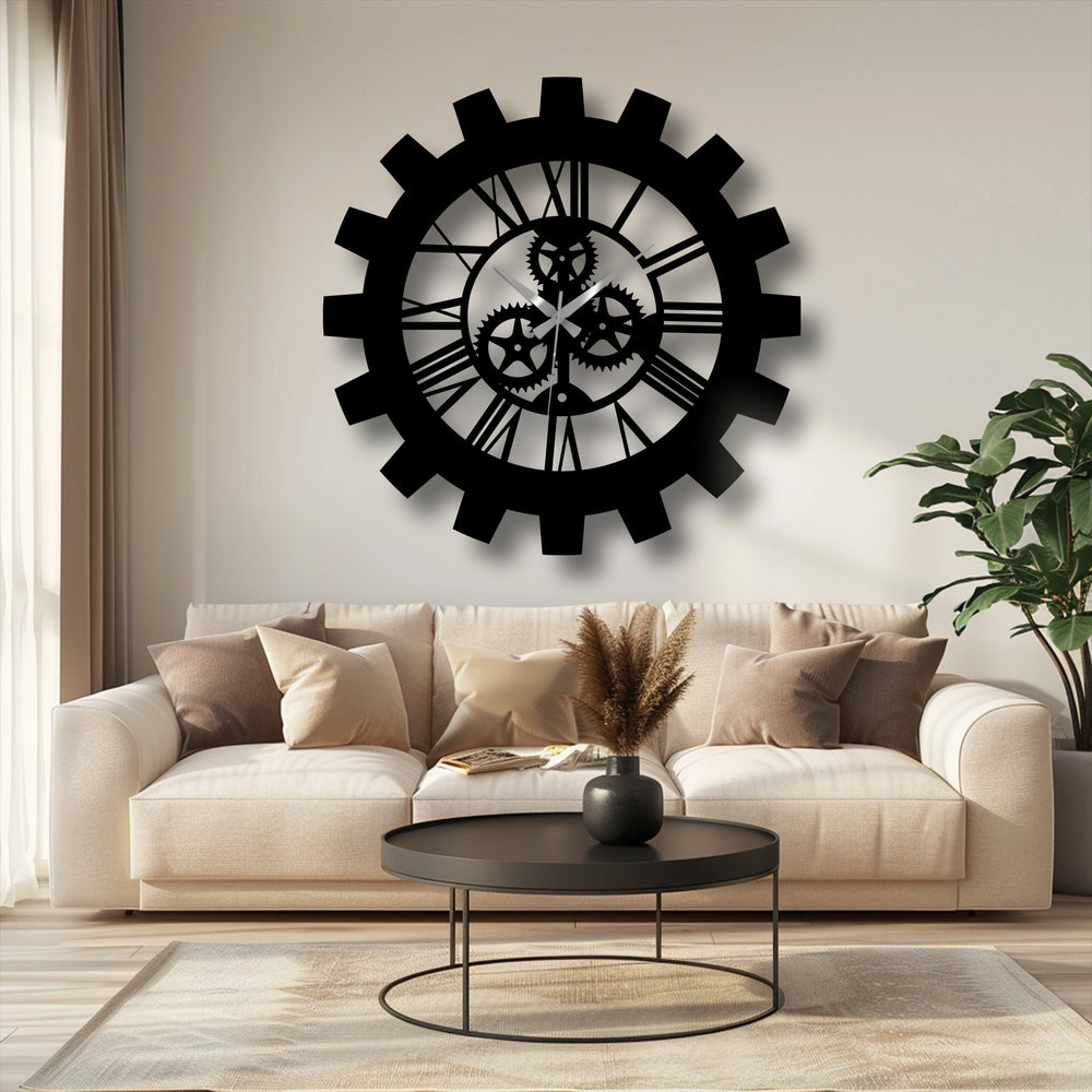 Showing the realistic detail of the industrial gear Roman numeral metal wall clock as a unique metal wall art piece, hung above a sofa, giving off a vintage aesthetic.