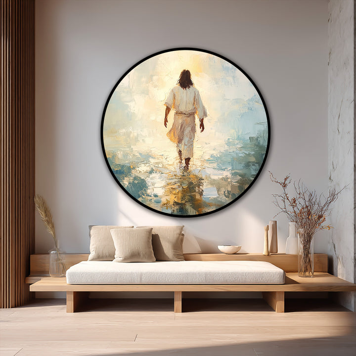 Layers of the into the light serene faith journey oil painting artwork create a sense of depth as a figure walks toward radiant light.
