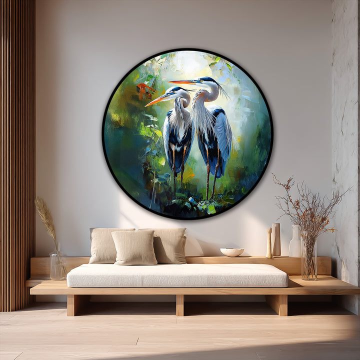 Framed by lush greens and a soft white glow, the background enhances the Twin Grace oil painting art prints, highlighting the elegant heron pair.