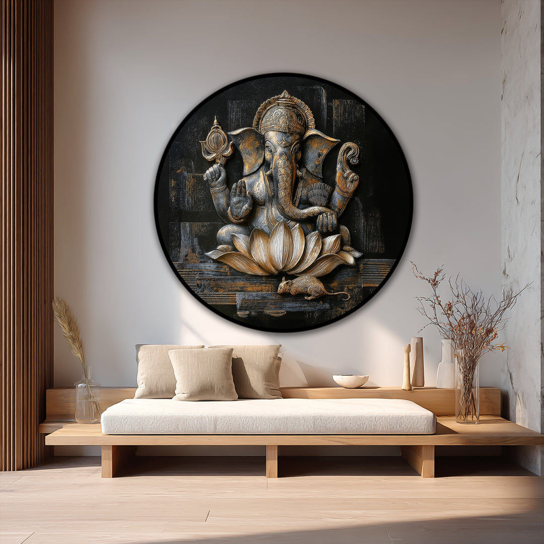 The darkest area highlights the shadowed backdrop of this Ganesha lotus round, defining its textured details and enhancing the serene oil painting home decor.