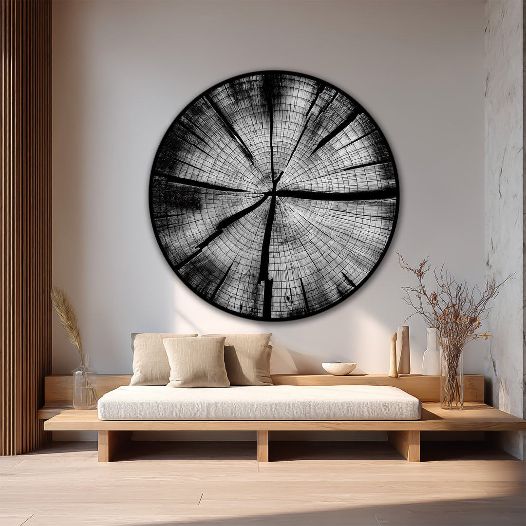 Monochrome Tree Rings – Modern Minimalist Round Oil Painting on Wood