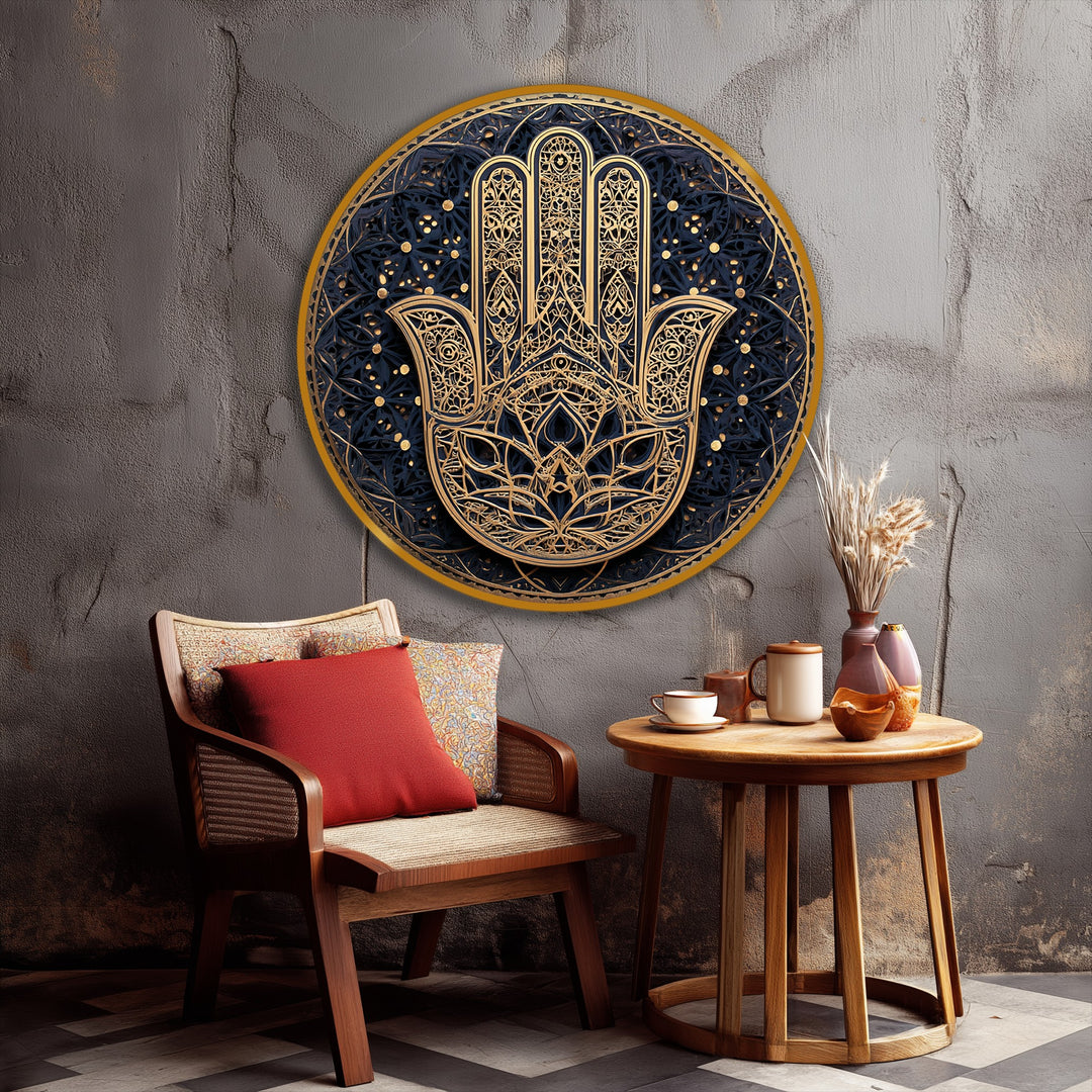 Ornate Hamsa Hand with Golden Mandala Details Round Canvas Print – Spiritual Wall Art