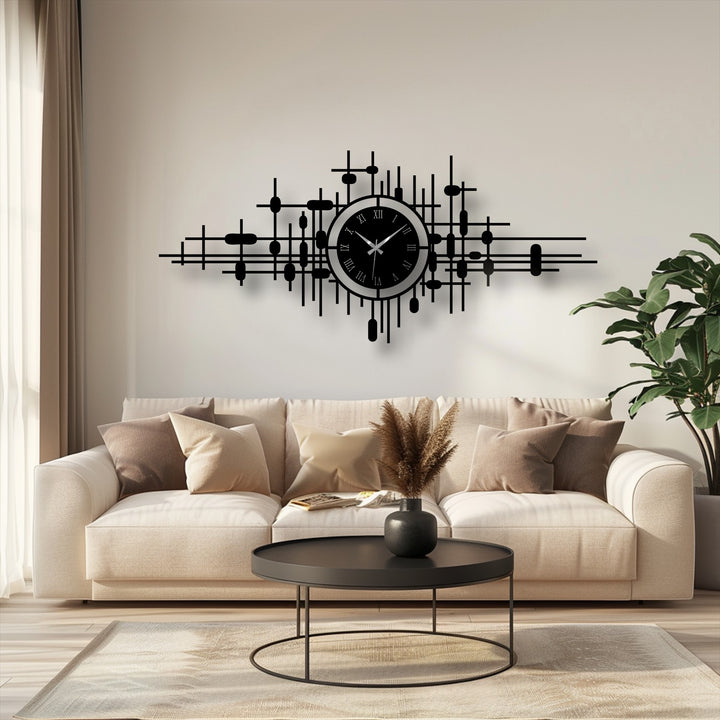 The geometric elements of this modern abstract grid metal wall clock form a striking design with intersecting lines and shapes, creating a unique metal wall art timekeeping piece.