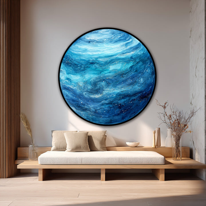 Light and shadow play across the textural details of this round, blue abstract oil painting reproduction print, creating depth in the celestial ocean drift artwork.