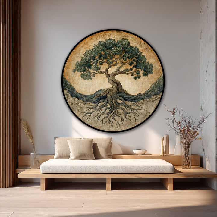 Featuring a layering effect, this round oil painting art piece depicts the 'Ancient Roots of Life' tree with a harmonious blend of earthy tones.