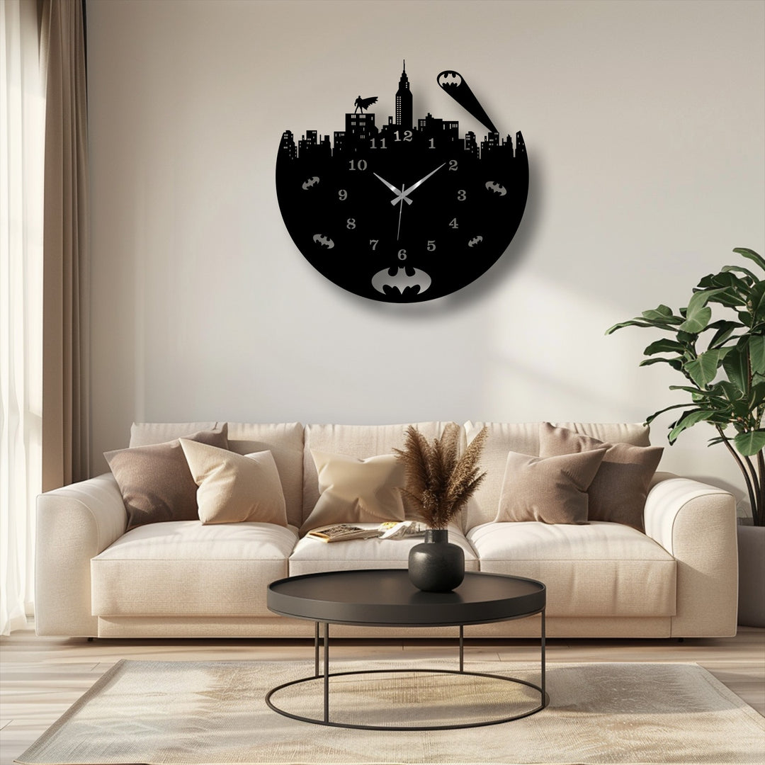 The abstract quality of the dark urban night skyline metal wall clock, featuring a hero theme, makes for striking decoration wall art.