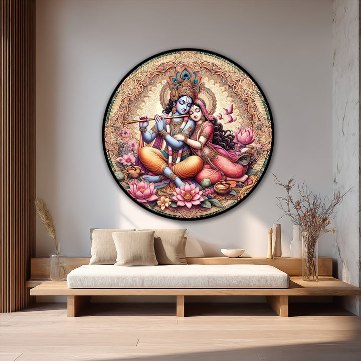 Foreground details showcase a serene, round oil painting art piece of Radha Krishna encircled by lotus flowers, lending a spiritual ambiance to the room.