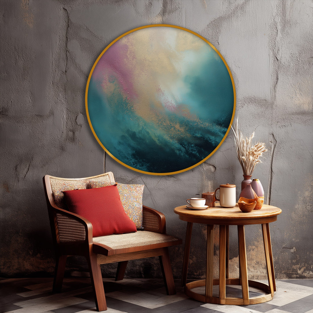 Horizontal, round ethereal dreamscape canvas print showcases abstract teal and gold tones as premium canvas decor.