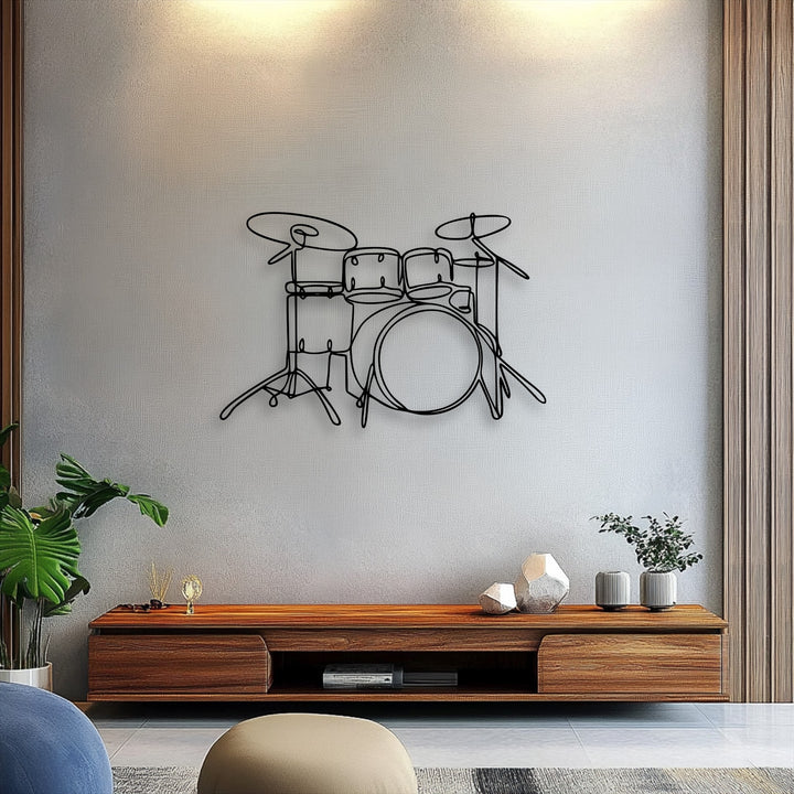 Showcasing subtly desaturated colors, this minimalist drum set line art metal decoration wall art provides an understated modern aesthetic.