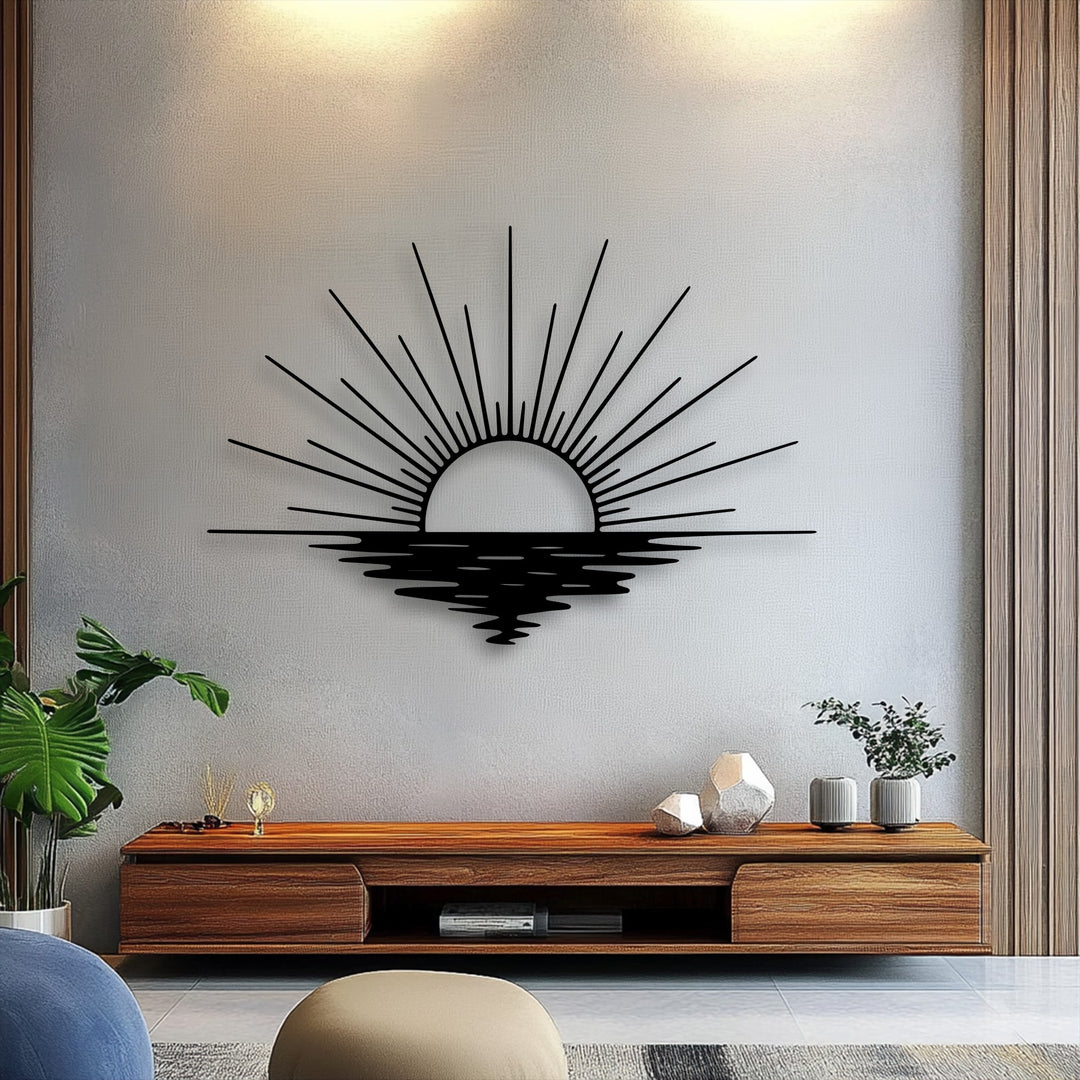 A striking minimalist sun rays ocean scene rendered as a beautiful decorative metal art piece.