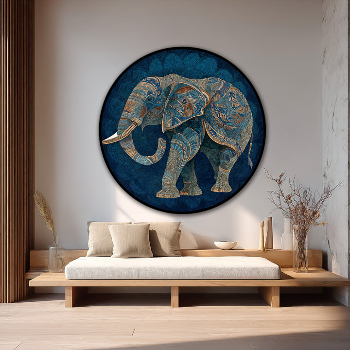 Illuminated canvas accentuates the Azure Spirit – Decorative Elephant Silhouette Round oil painting art piece, highlighting the golden patterns and intricate details.