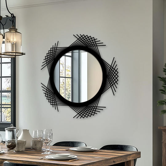 The intersecting lines of this decorative mirror create organic forms around the mirrored glass, offering a modern geometric twist on a classic design.