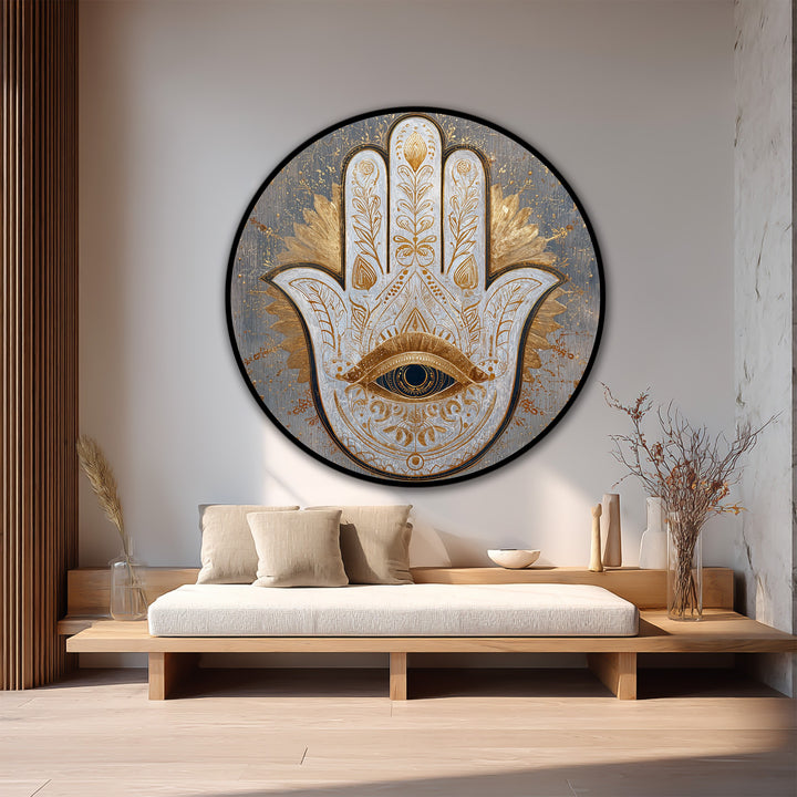 Golden details swirl, creating a dynamic flow within this round wooden oil painting wall art, an enchanting addition to your oil painting home decor.