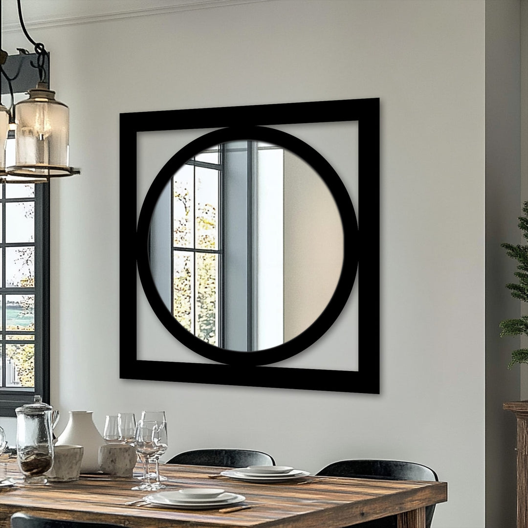 Featuring a striking layering effect, this modern wall mirror showcases a circle within a square, creating a minimalist framed wall mirror that enhances decorative wall decor.