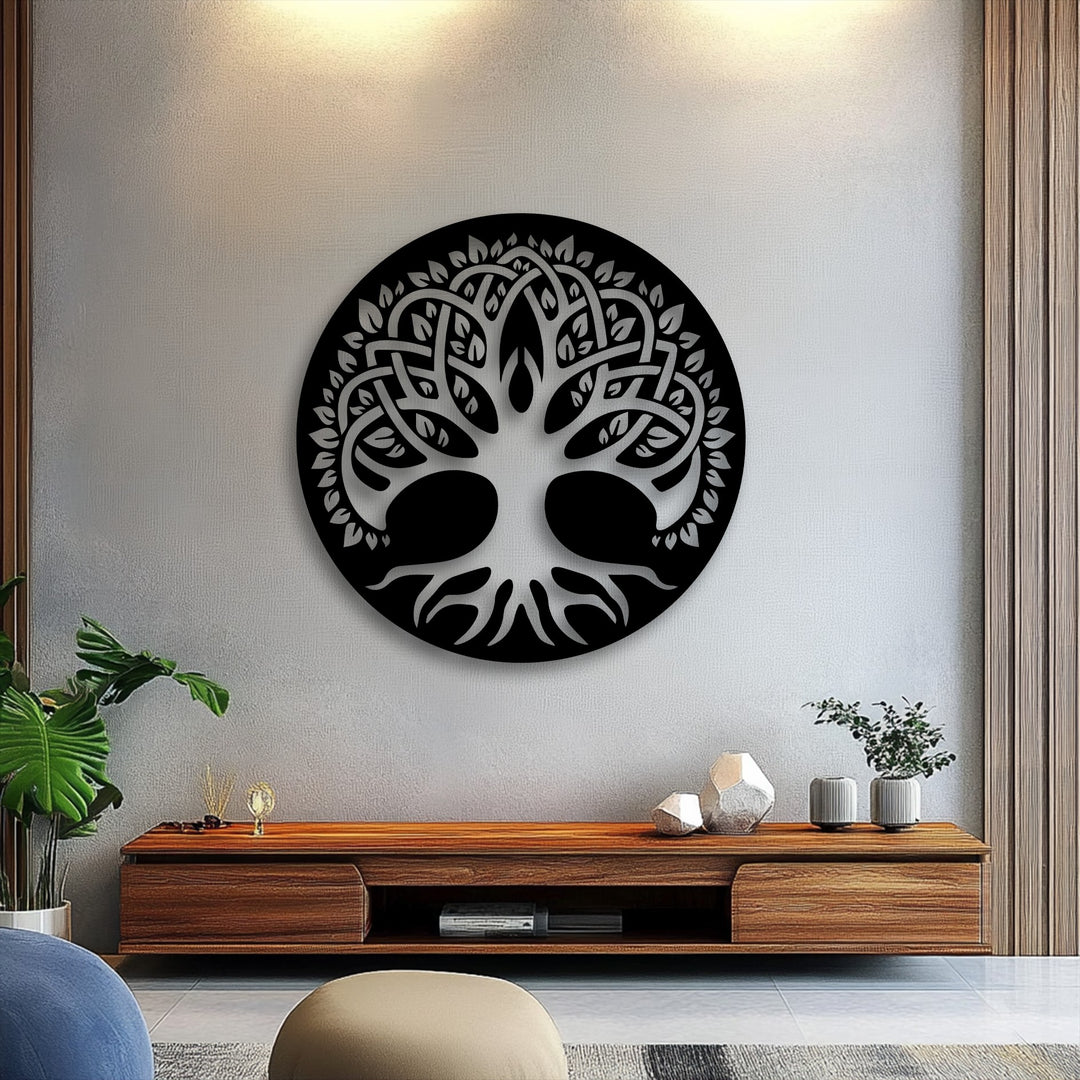 A prominently centered circular Celtic Tree of Life metal artwork adorns a textured wall, showcasing intricate design.