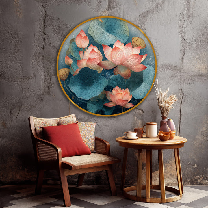 Featuring the finish of a serene lotus bloom and lily pads round canvas print, showcasing high quality canvas prints with a tranquil nature art look.