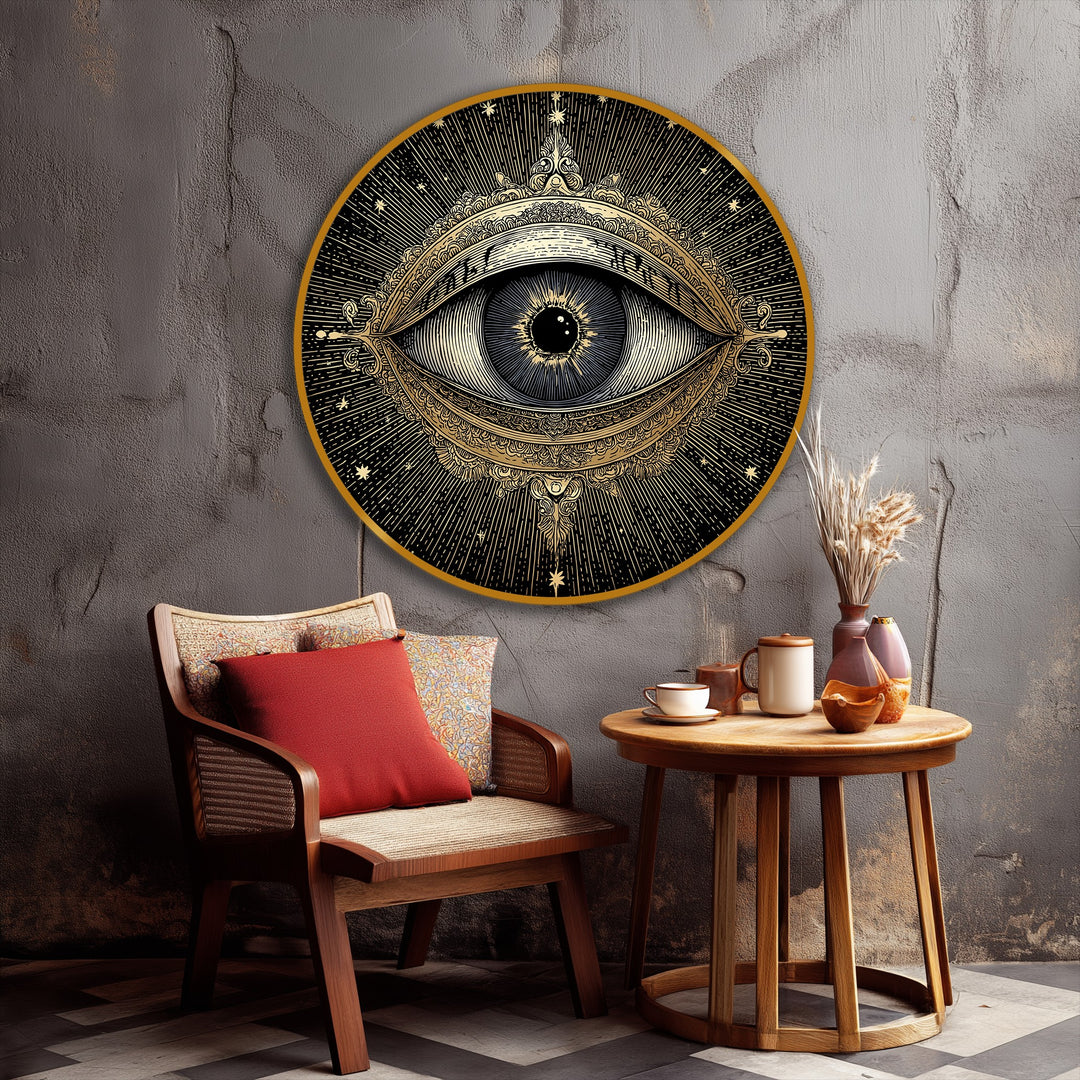 Organic forms accentuate the mystic eye's design in this golden, celestial-themed framed canvas wall art print, bringing a vintage-inspired aesthetic to any space.