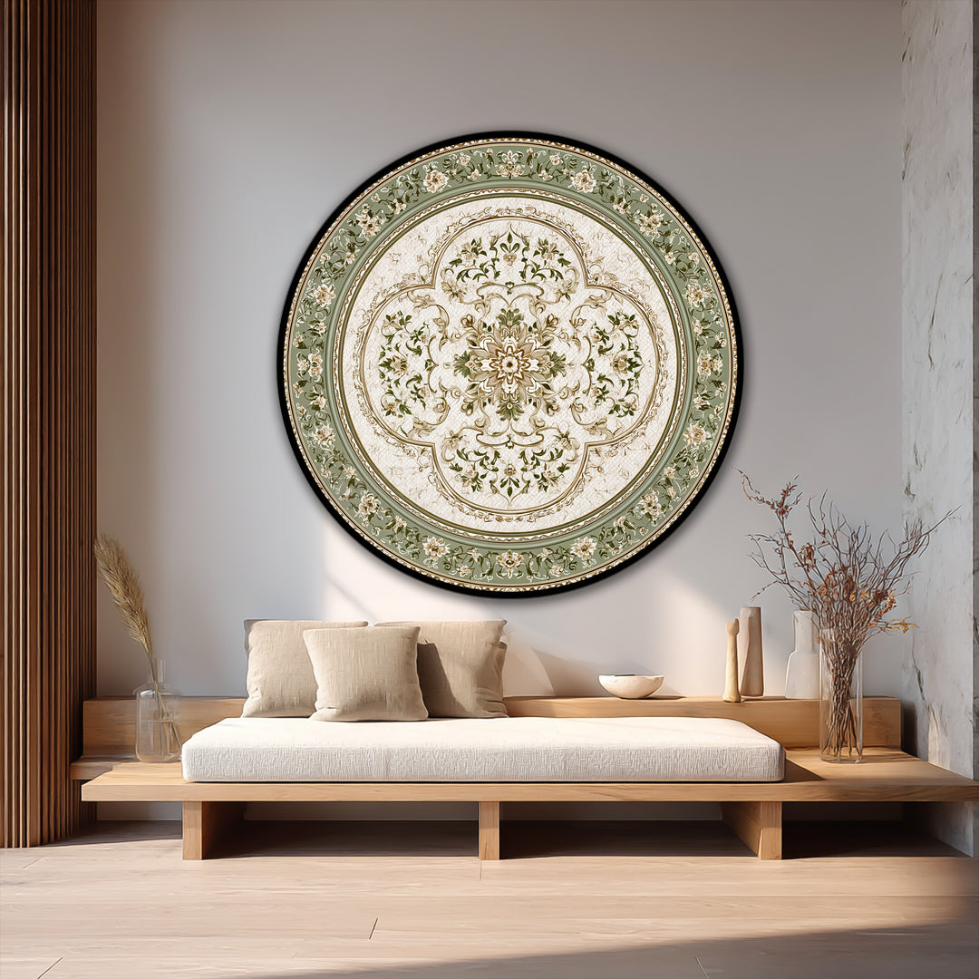 Vintage Harmony – Mandala floreale rotondo verde salvia Quadro a Olio