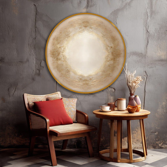 Horizontal round golden aura minimal canvas artwork print presents an elegant, neutral design on a textured wall.