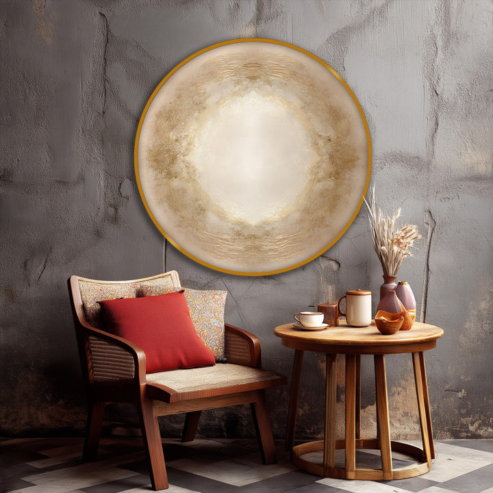 Horizontal round golden aura minimal canvas artwork print presents an elegant, neutral design on a textured wall.
