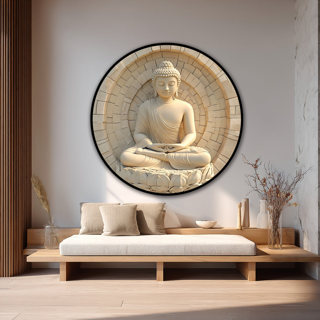 Horizontal round oil painting home decor featuring an ivory stone Buddha seated in meditation in a circular frame.